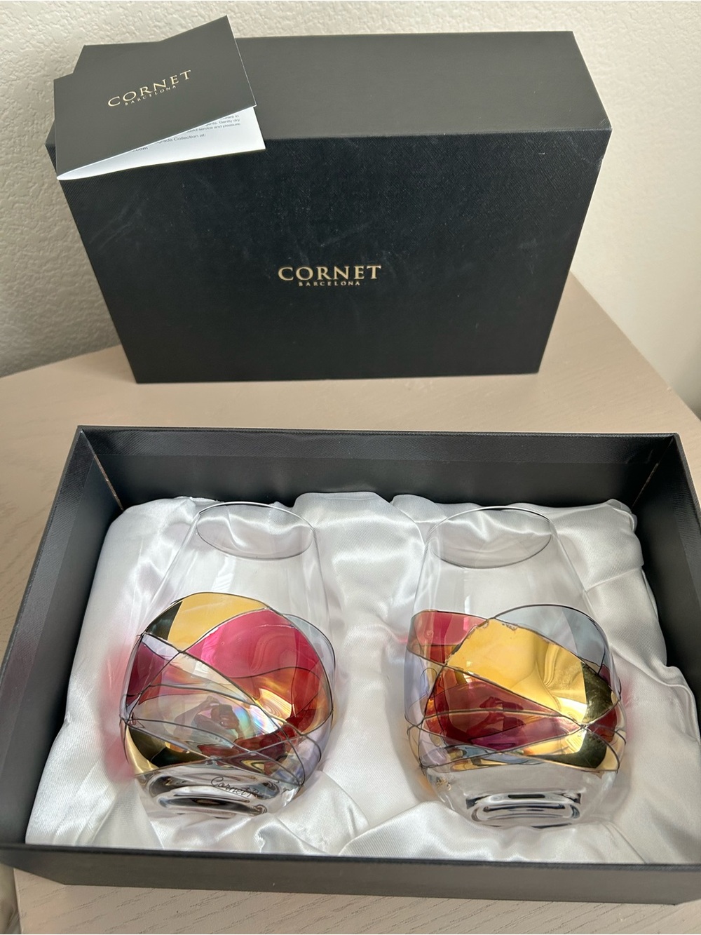 Cornet Barcelona Handcrafted Art Glass Whiskey Tumblers Set of 2 w/ Gift Box
